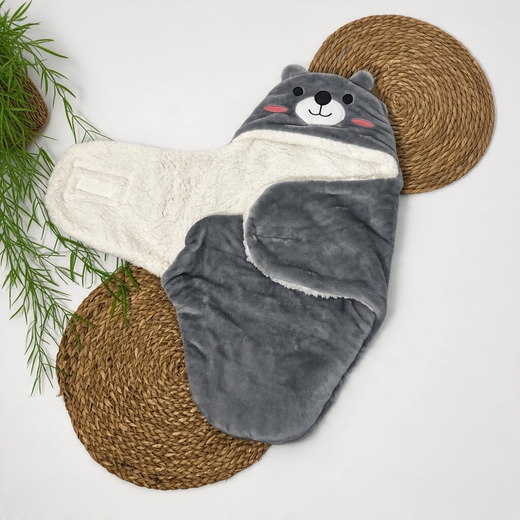 CUDDLE BUDDY - Grey Bear - Hooded Swaddle Blanket - BOYS -