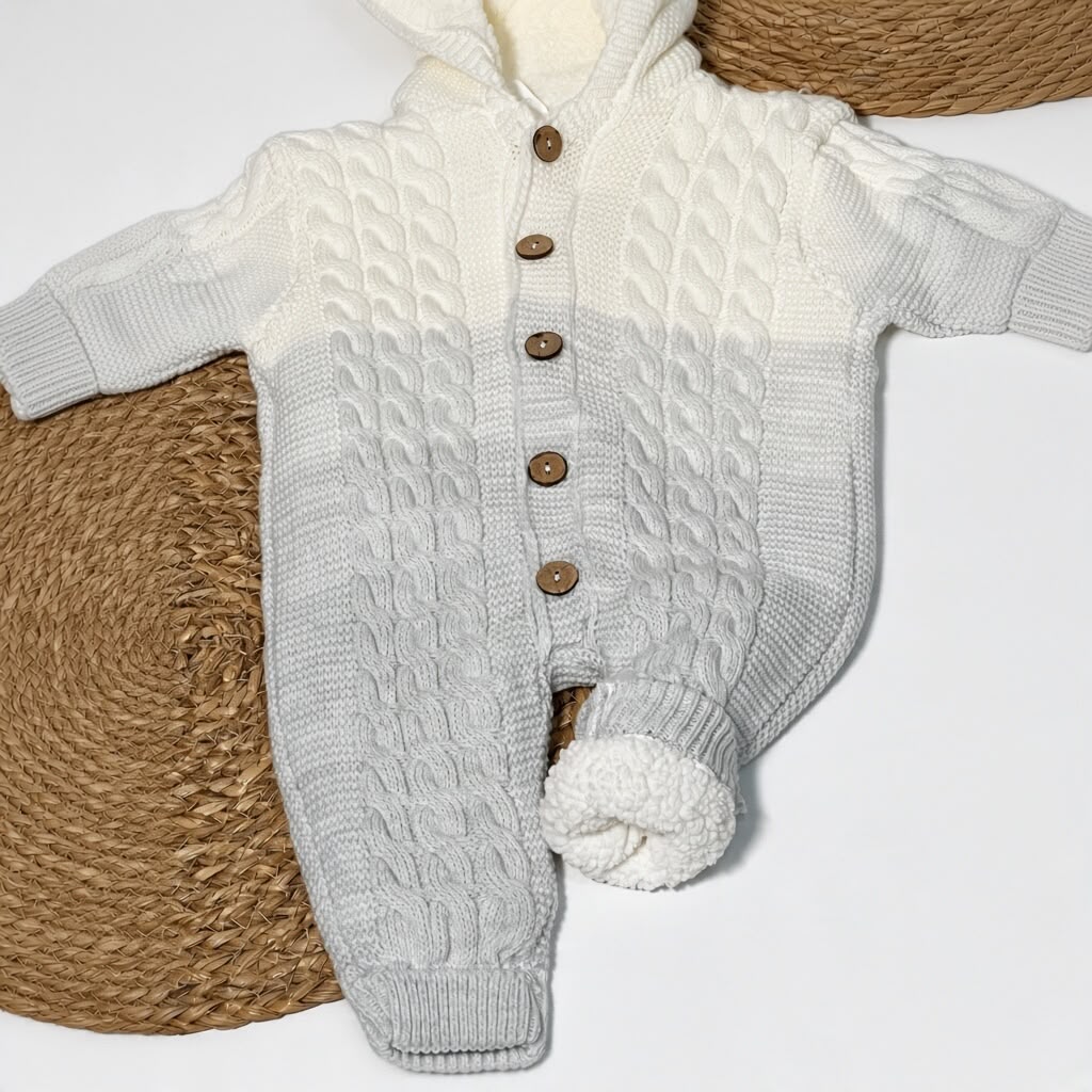 CLOUDY - Knitted Hooded Jumpsuit (White & Grey)