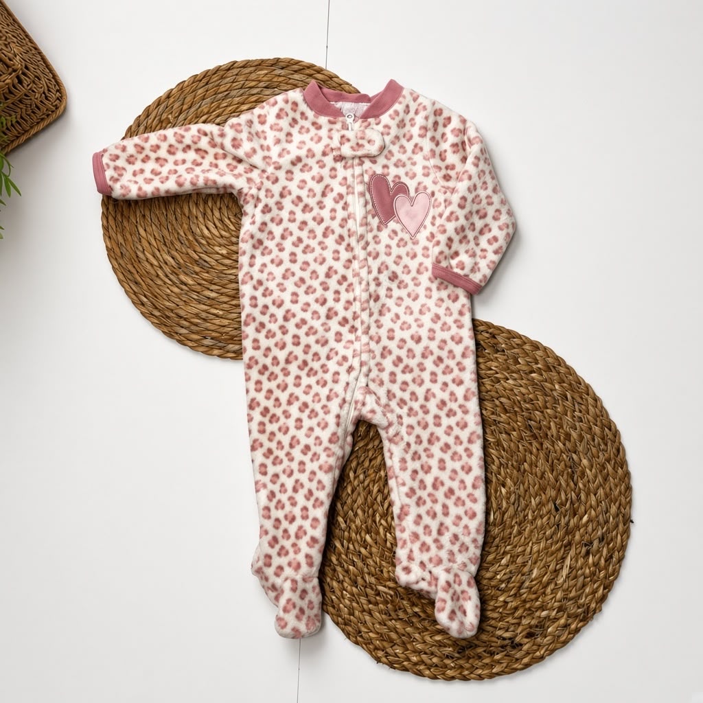 LEOPARD HEARTS - Fleece Footed Sleepsuit (Pink)