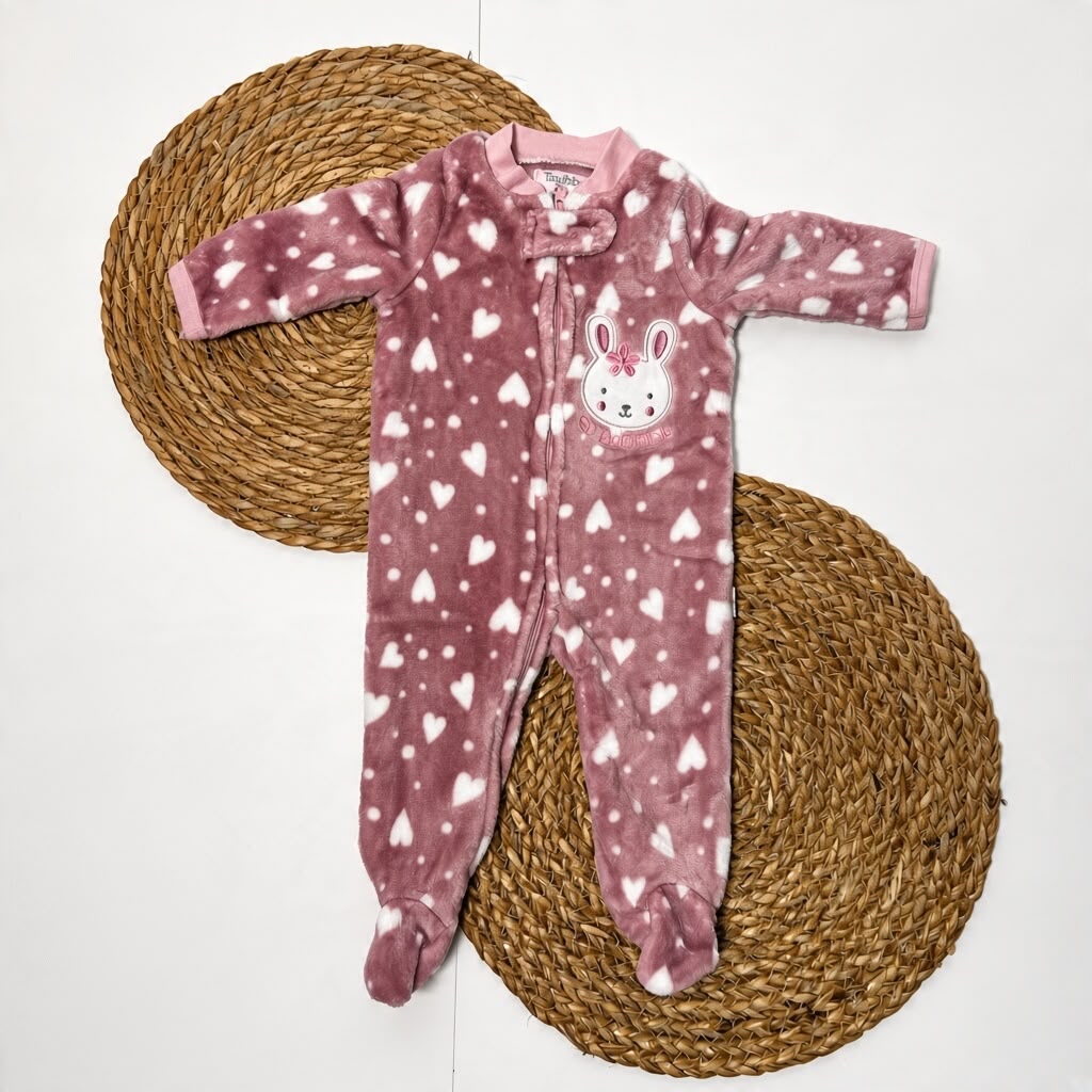 SWEET BUNNY HEARTS - Velvet Footed Sleepsuit (Dusty Pink)