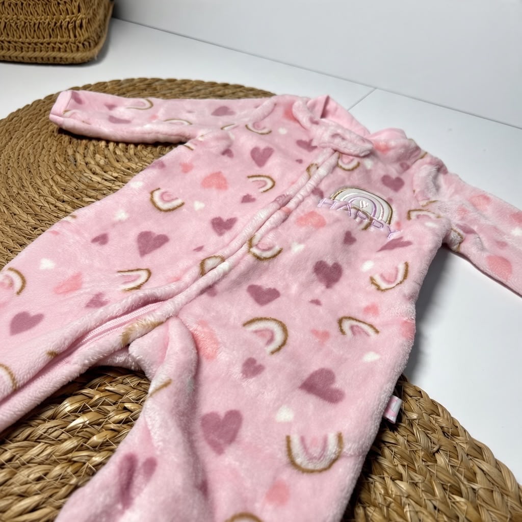 HAPPY RAINBOW - Velvet Footed Sleepsuit (Baby Pink)