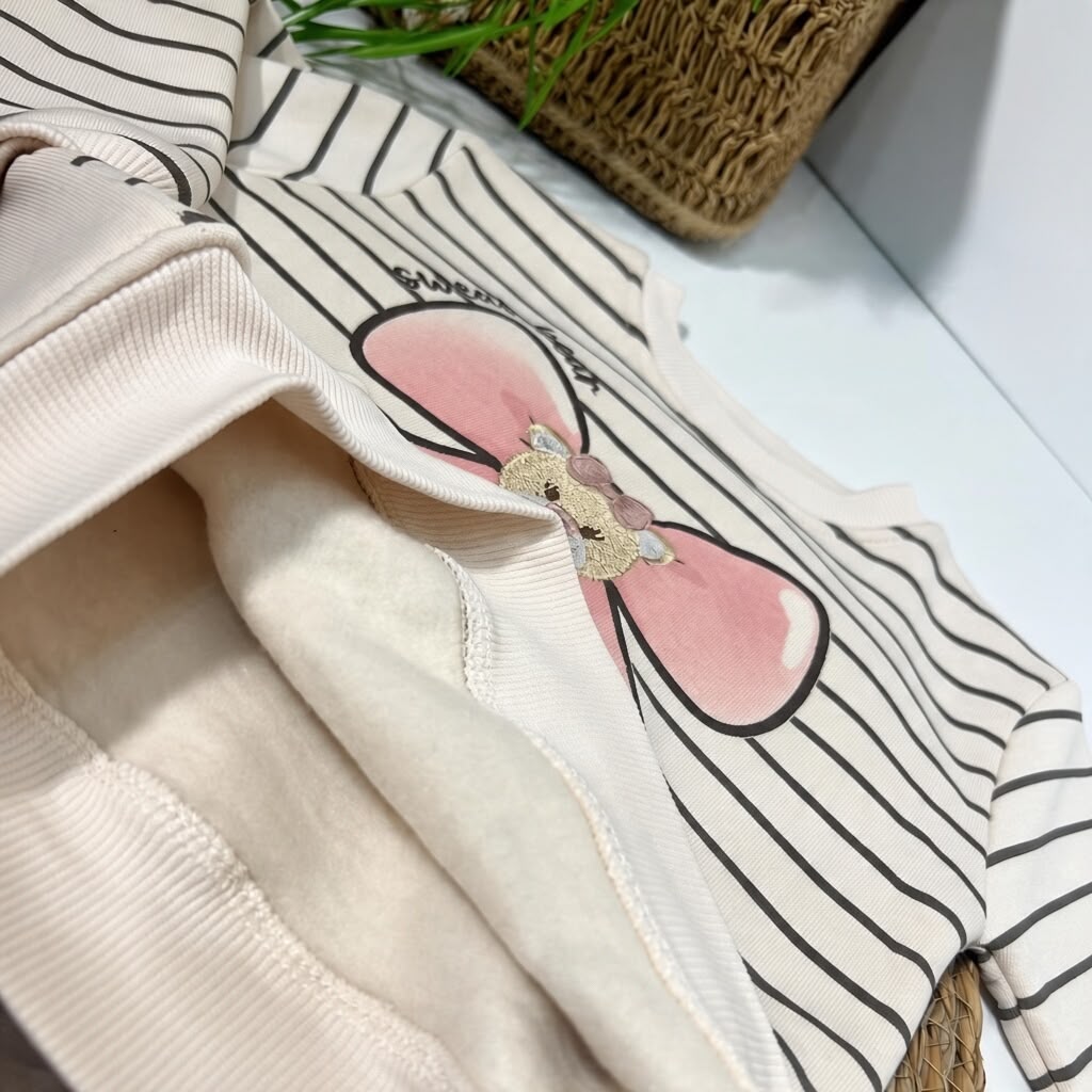 SWEET BEAR BOW - Striped Fleece Set (Beige & Dark Grey)