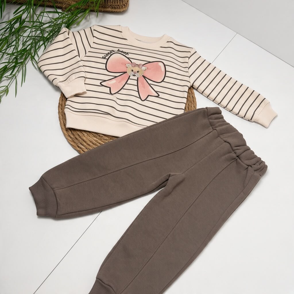 SWEET BEAR BOW - Striped Fleece Set (Beige & Dark Grey)