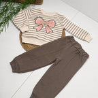 SWEET BEAR BOW - Striped Fleece Set (Beige & Dark Grey)