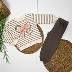 SWEET BEAR BOW - Striped Fleece Set (Beige & Dark Grey)