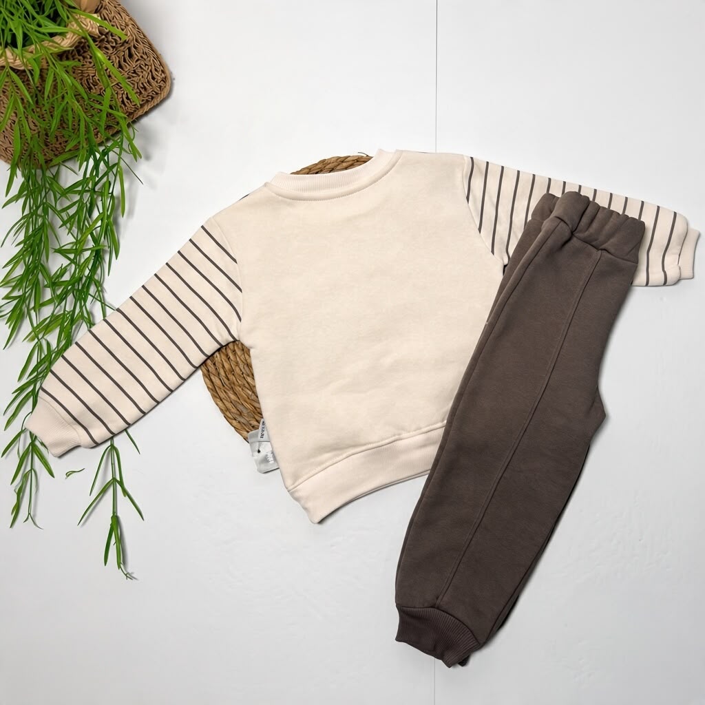 SWEET BEAR BOW - Striped Fleece Set (Beige & Dark Grey)