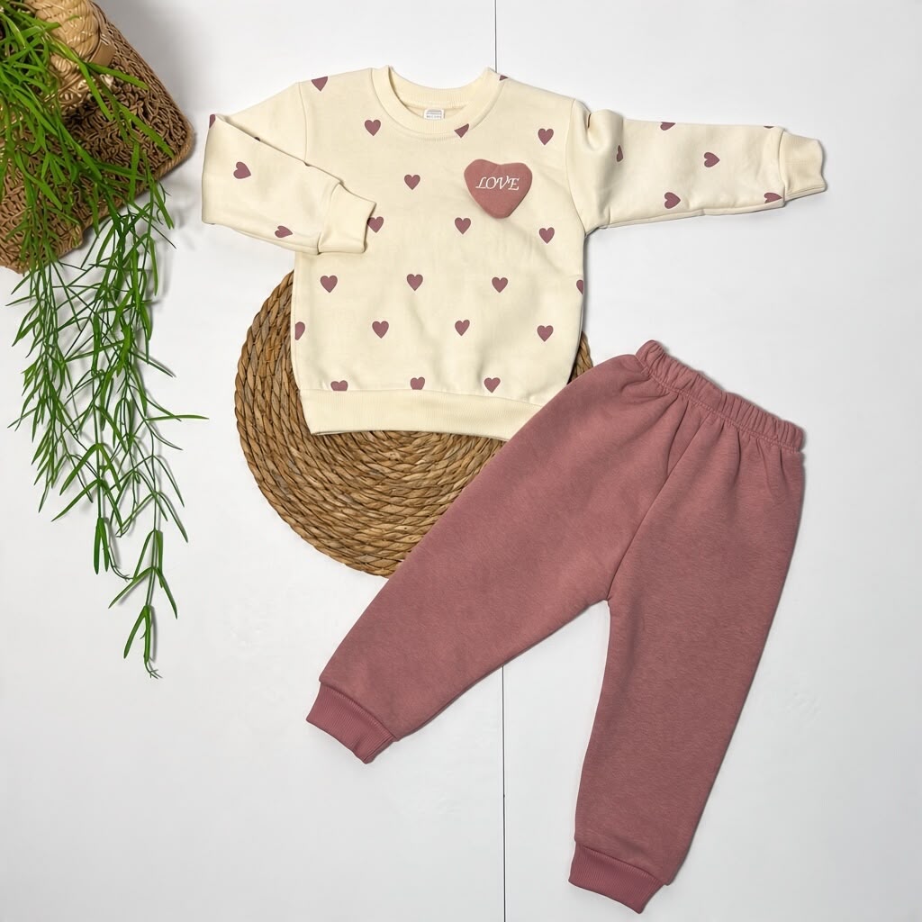 LOVE HEART - Cream & Mauve Fleece Set