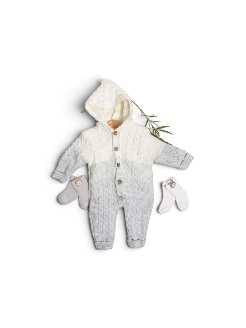 CLOUDY - Knitted Hooded Jumpsuit (White & Grey)