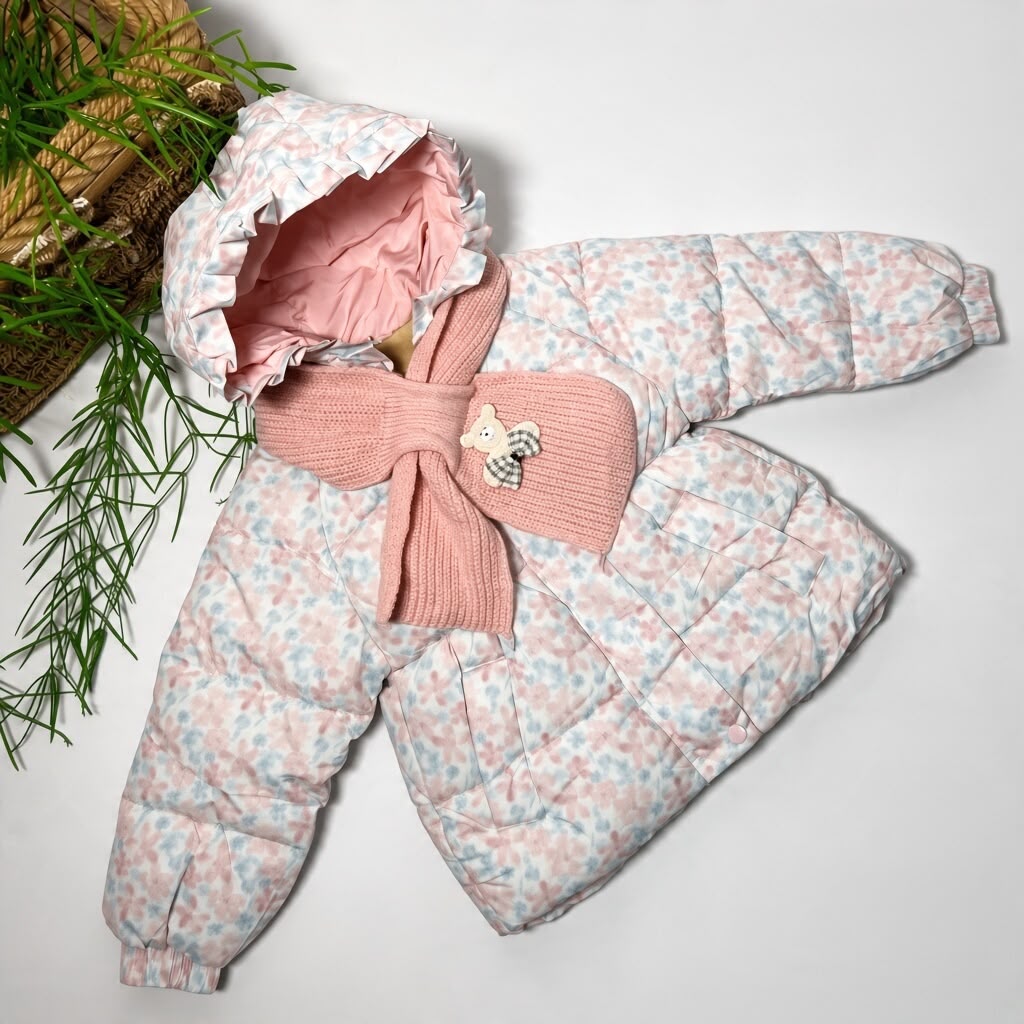 BLOOM BEAR - Floral Puffer Coat with Scarf